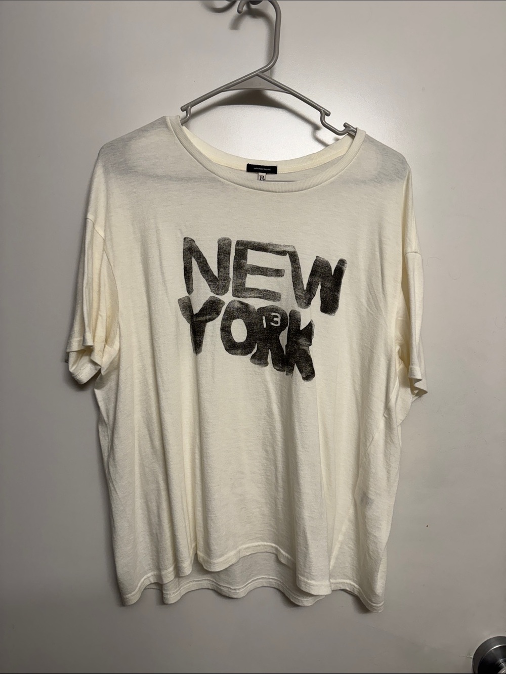 R13 Cream Cotton 'New York' Short Sleeve Tee with Black Print